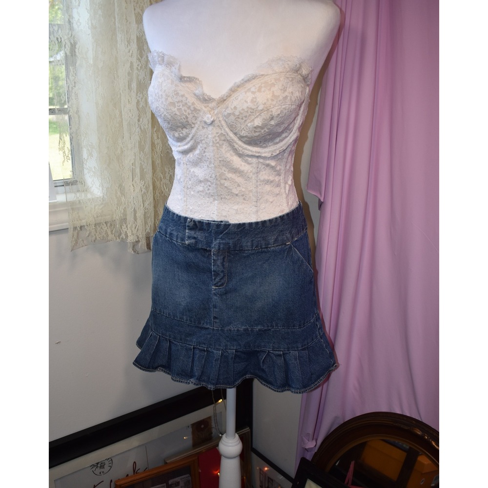 Mossimo Vintage Y2K Denim Mini Skirt Blue Pleated Ruffle Hem Low Rise Size 3